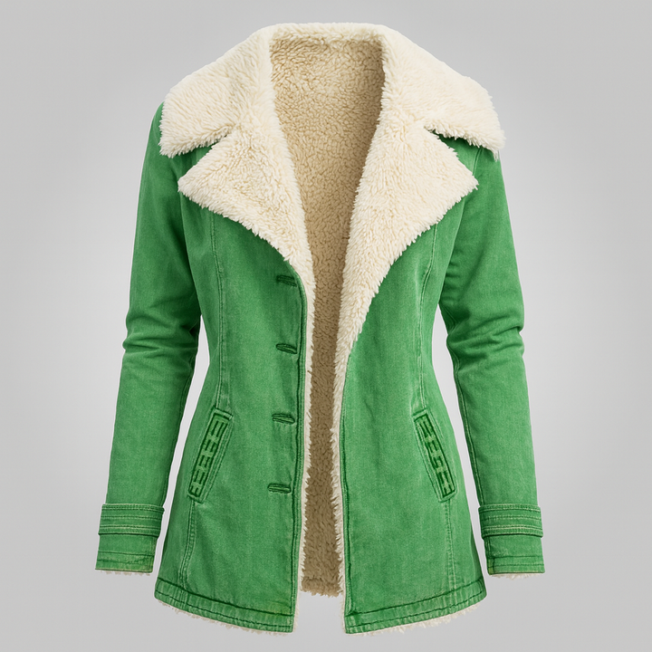 Sanne groene winterjas met teddyvoering op ledenpop