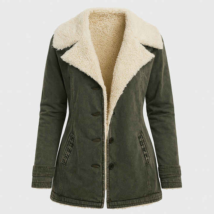 Sanne legergroene winterjas met teddyvoering op ledenpop