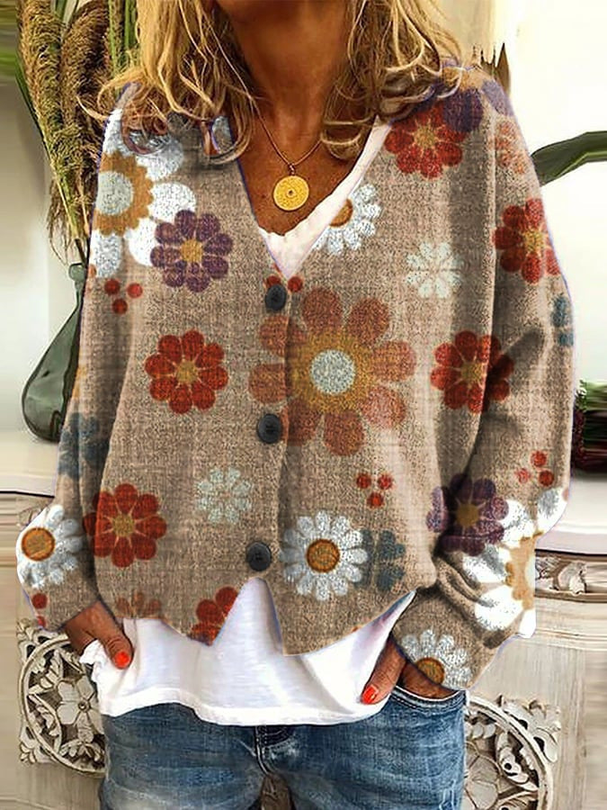 Silke bloemenprint gebreid vest met knopen, vooraanzicht