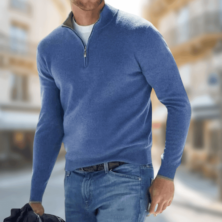 Sten blauwe rits kraag trui, vooraanzicht