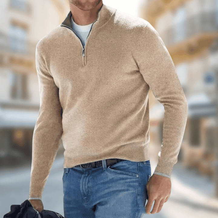 Sten beige rits kraag trui, vooraanzicht