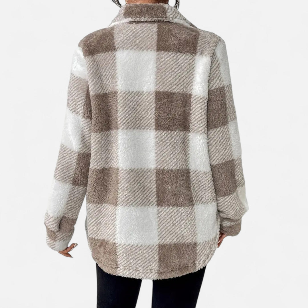 Suze beige geblokte pluche jas, achteraanzicht