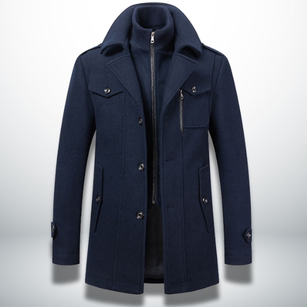 Thijs donkerblauwe smart-casual mantel met knoopsluiting, vooraanzicht