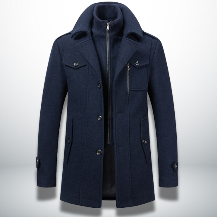 Thijs donkerblauwe smart-casual mantel met knoopsluiting, vooraanzicht
