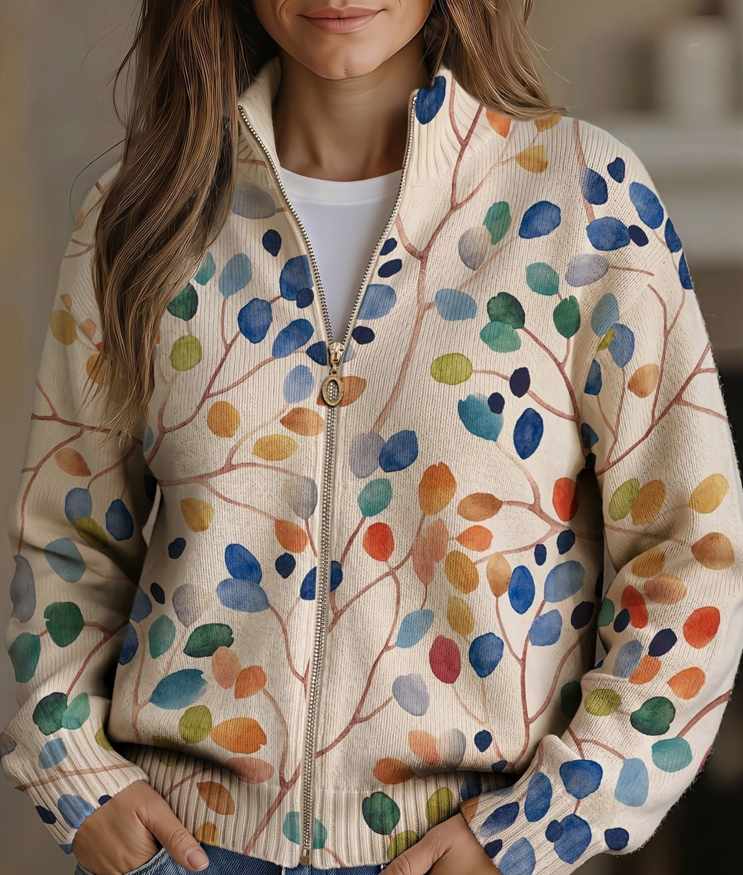 Wieke botanisch printvest met rits, close-up vooraanzicht