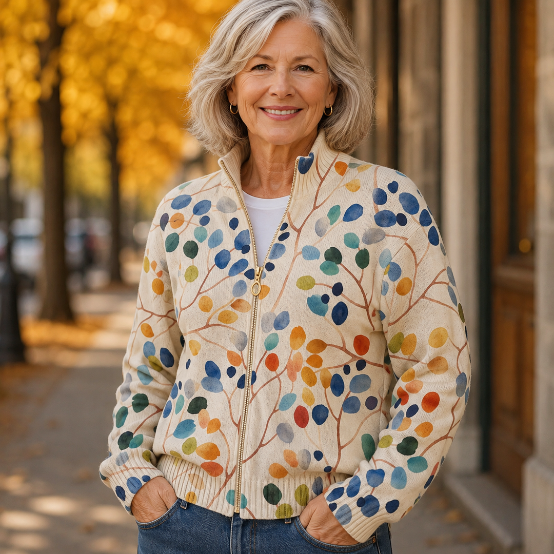 Wieke botanisch printvest met rits, portret vooraanzicht