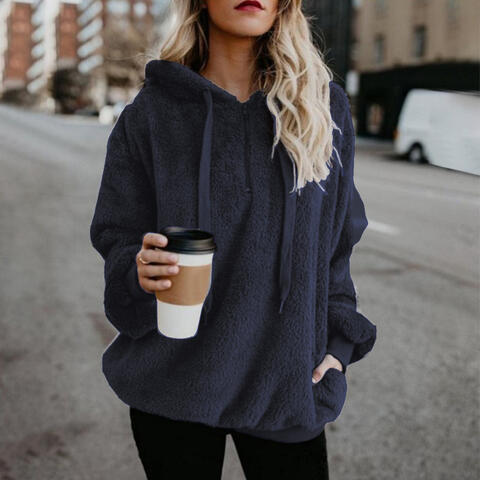 Wieke fluffy hoodie met capuchon, vooraanzicht in marineblauw