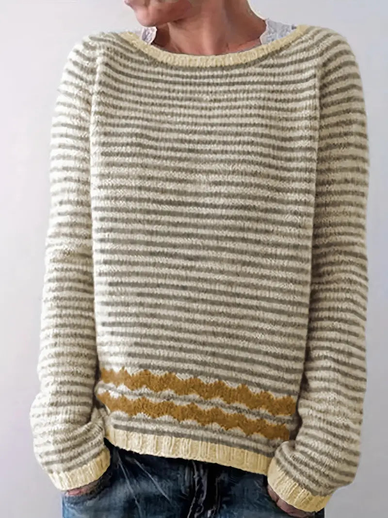 Wieke gestreepte pullover trui met zigzag zoom, gele kleurstelling, vooraanzicht