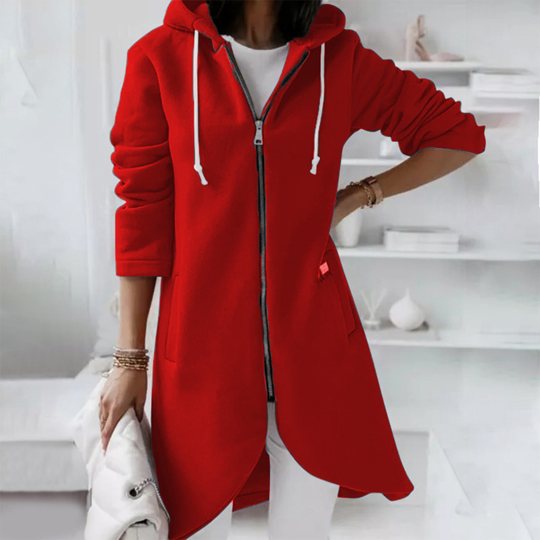 Wieke lange hoodie met rits in rood, vooraanzicht