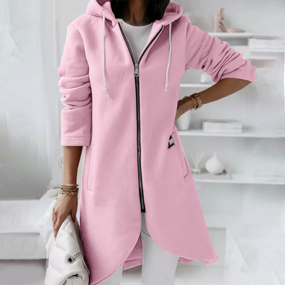 Wieke lange hoodie met rits in roze, vooraanzicht