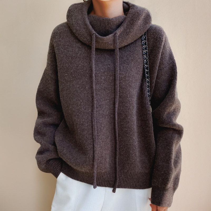 Wieke bruine oversized gebreide hoodie met hoge kraag, vooraanzicht