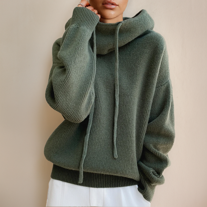 Wieke groene oversized gebreide hoodie met trekkoord, vooraanzicht