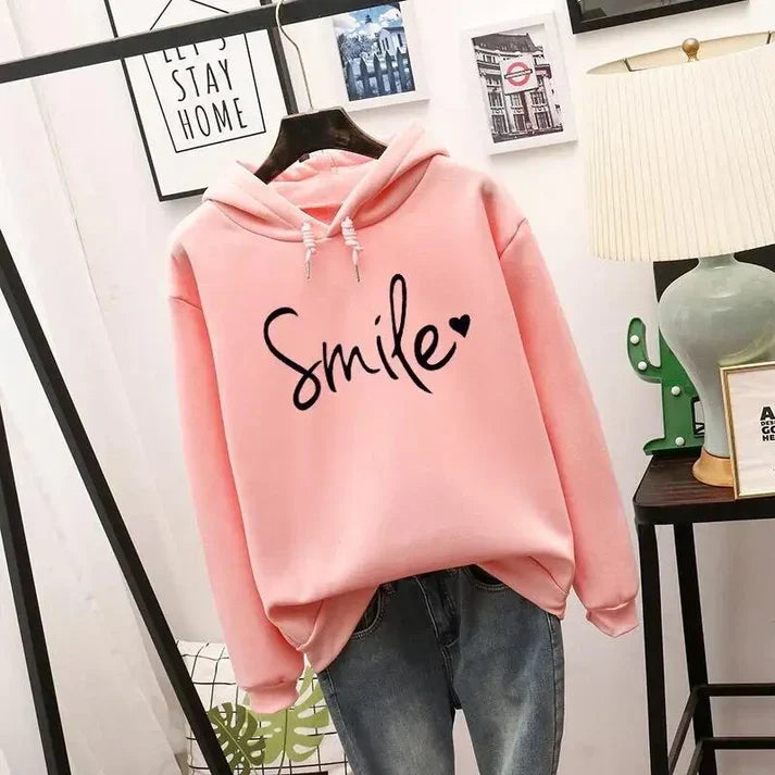 Wieke roze Smile print hoodie met capuchon, vooraanzicht