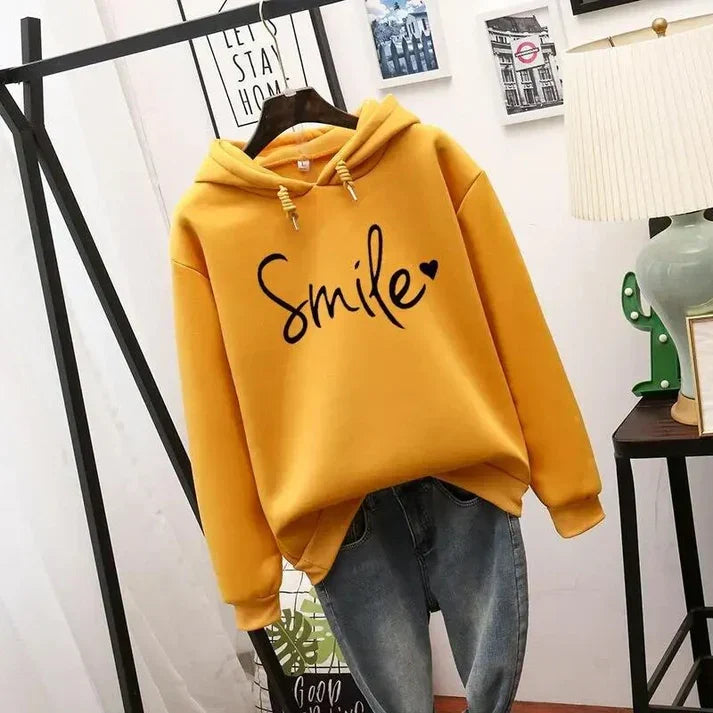 Wieke gele Smile print hoodie met capuchon, vooraanzicht