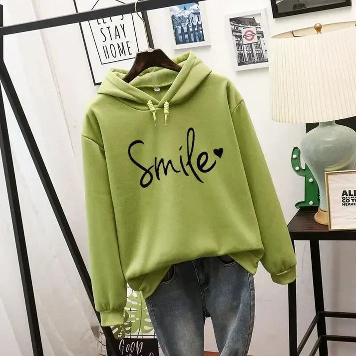 Wieke groene Smile print hoodie met capuchon, vooraanzicht