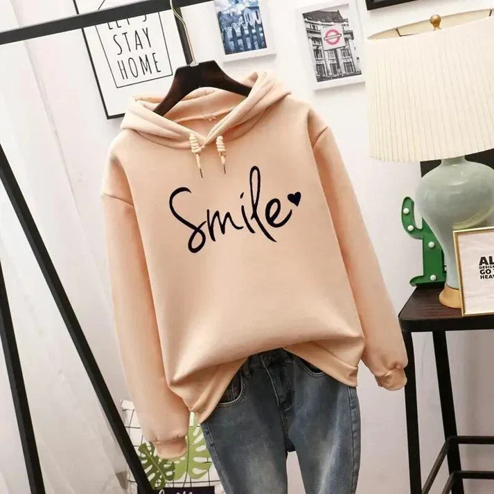 Wieke abrikooskleurige Smile print hoodie met capuchon, vooraanzicht