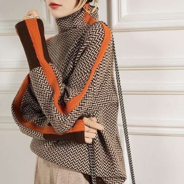 Wieke visgraat colsweater met contrastrand, zijaanzicht met tas