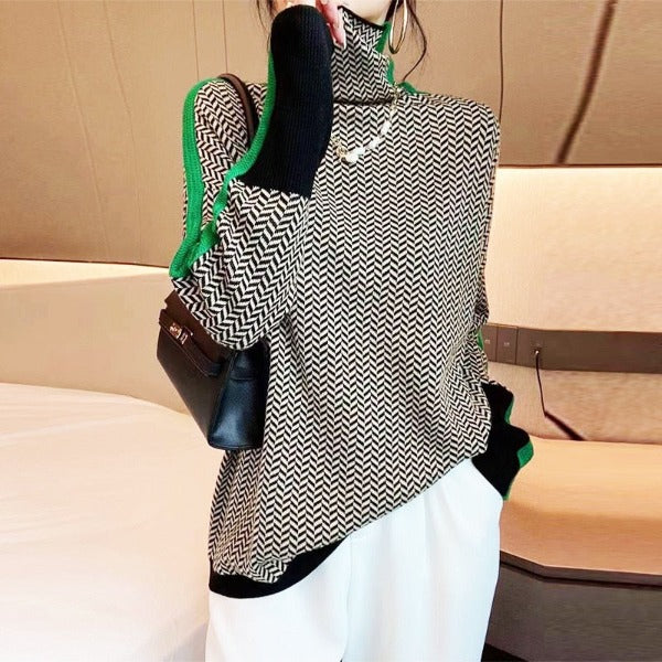 Wieke visgraat colsweater in groene kleurvariant met contrastrand