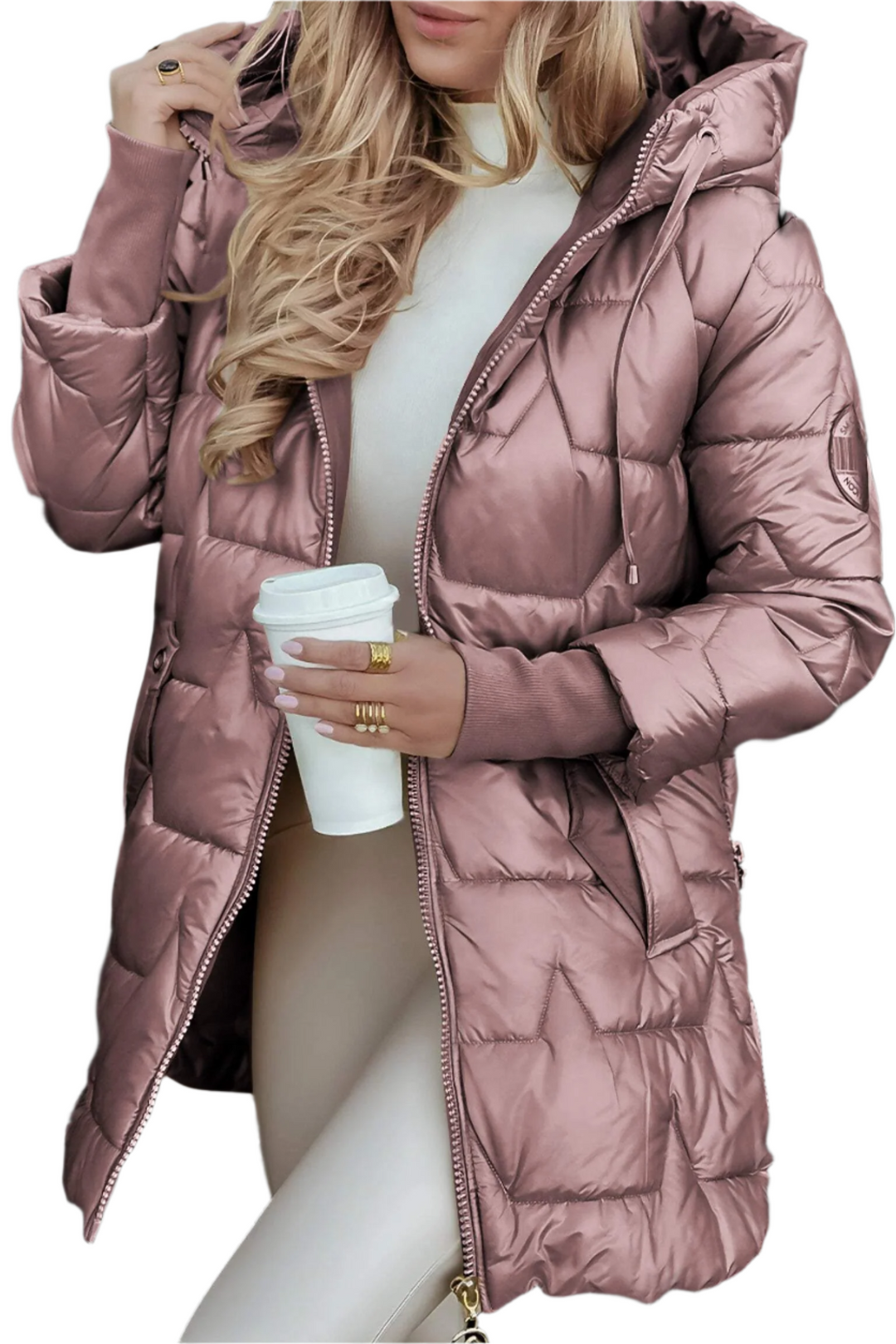 Wietske gewatteerde winterjas in beige met capuchon, close-up voorpand