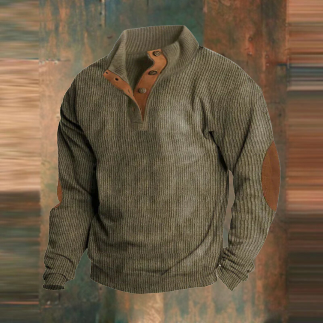 Willem groene geribbelde pullover met knoopkraag, vooraanzicht
