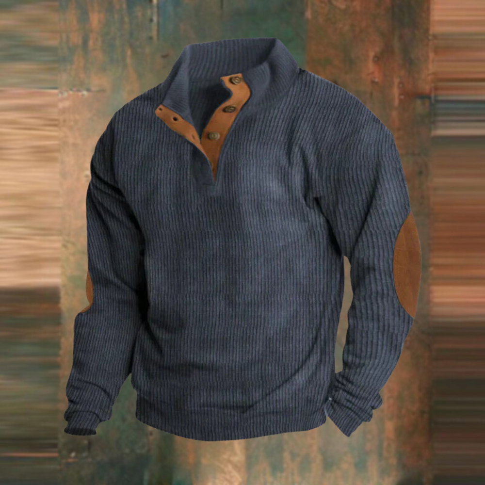 Willem marineblauwe geribbelde pullover met knoopkraag, vooraanzicht