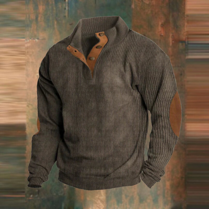 Willem bruine geribbelde pullover met knoopkraag, vooraanzicht