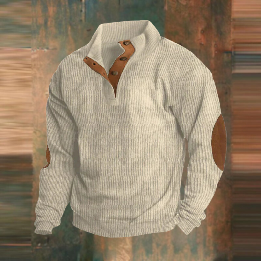 Willem beige geribbelde pullover met knoopkraag, vooraanzicht