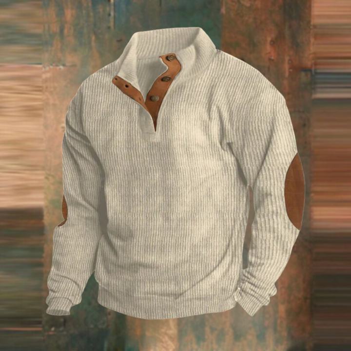 Willem beige geribbelde pullover met knoopkraag, vooraanzicht