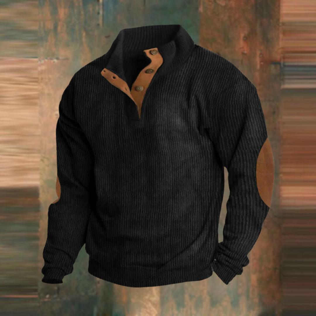 Willem zwarte geribbelde pullover met knoopkraag, vooraanzicht