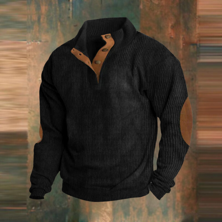 Willem zwarte geribbelde pullover met knoopkraag, vooraanzicht