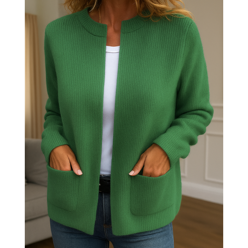 Detailfoto groen gebreid vest met open rits