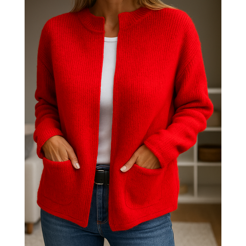 Detailfoto rood gebreid vest met open rits